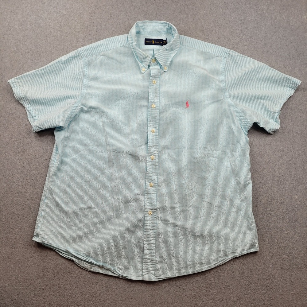 Ralph Lauren Seersucker Shirt Mens XXL Blue Button Down Short Sleeve Striped